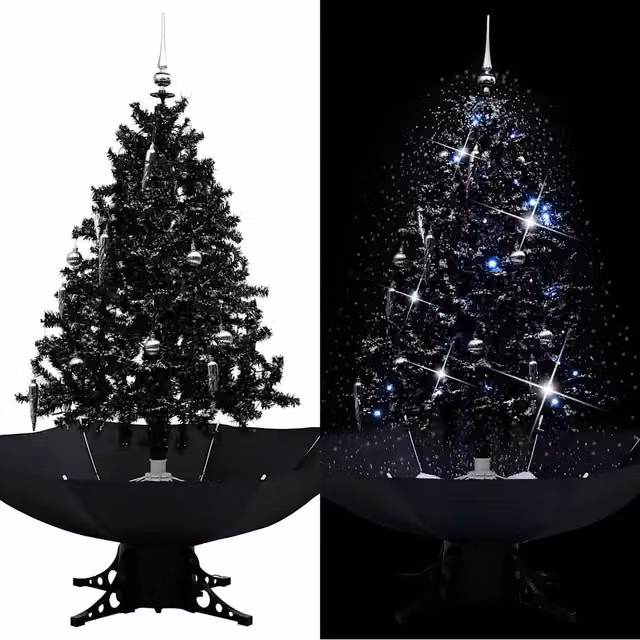 Albero di Natale con Nevicata e Base ad Ombrello Nero 140cm PVC 289932