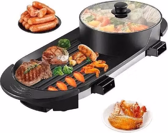 Griglia elettrica 2 in 1 - Piatto caldo - 2200W - Griglia da viaggio senza fumo - Piatto caldo e barbecue separabile con superficie antiaderente