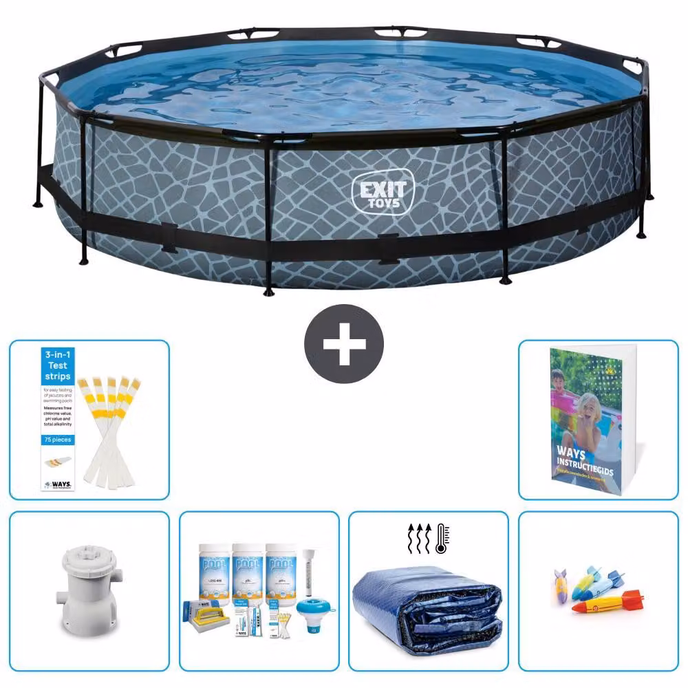Piscina a sfioro "Exit Pool Rund" - Design effetto pietra - 360x76 cm - 5 pezzi - Modello S282