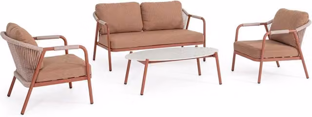 Set da giardino GIORDANOSHOP composto da divano a 2 posti, 2 poltrone e tavolino con piano in pietra sinterizzata, struttura in alluminio color rame e corda in poliestere marrone con cuscini inclusi
