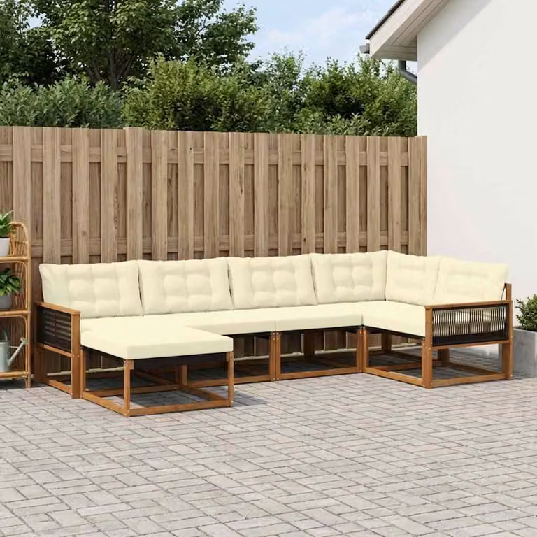 Set di divani da esterno vidaXL a forma di L composto da 6 pezzi in legno di acacia con cuscini beige e ottoman coordinato