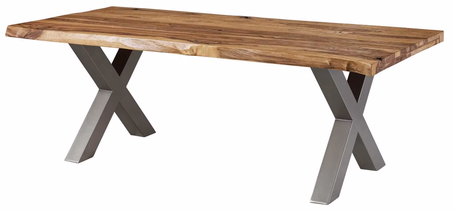 MASSIVMOEBEL24 | FREEFORM 5 tavolo da pranzo in legno di sheesham - sabbiato natur / gambe in ferro X argento matt 260x100