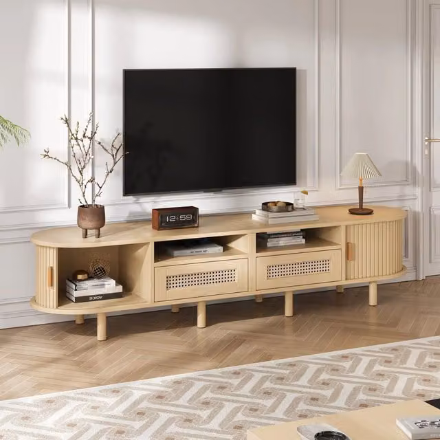 Mobile TV ovale con 2 cassetti effetto rattan e 2 ante scorrevoli in MDF rovere chiaro 170 × 40 × 40 cm