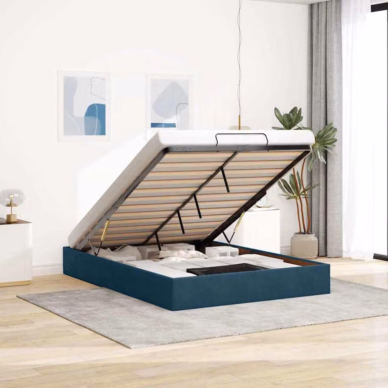 Struttura Letto Pouf vidaXL in Velluto Blu con Base a Sollevamento, L: 140 cm, P: 200 cm, H: 280 cm