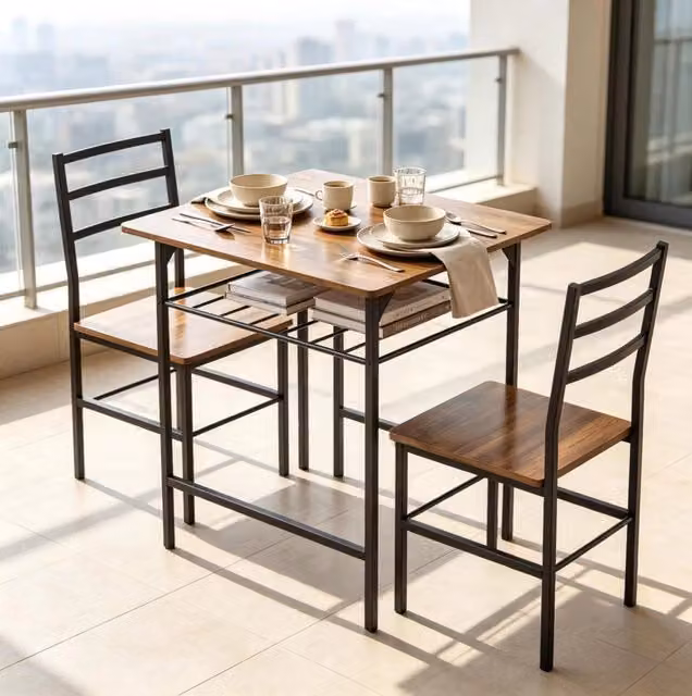 Set da pranzo compatto con tavolo 80x50 cm e 2 sedie, struttura in legno effetto rustico e metallo nero