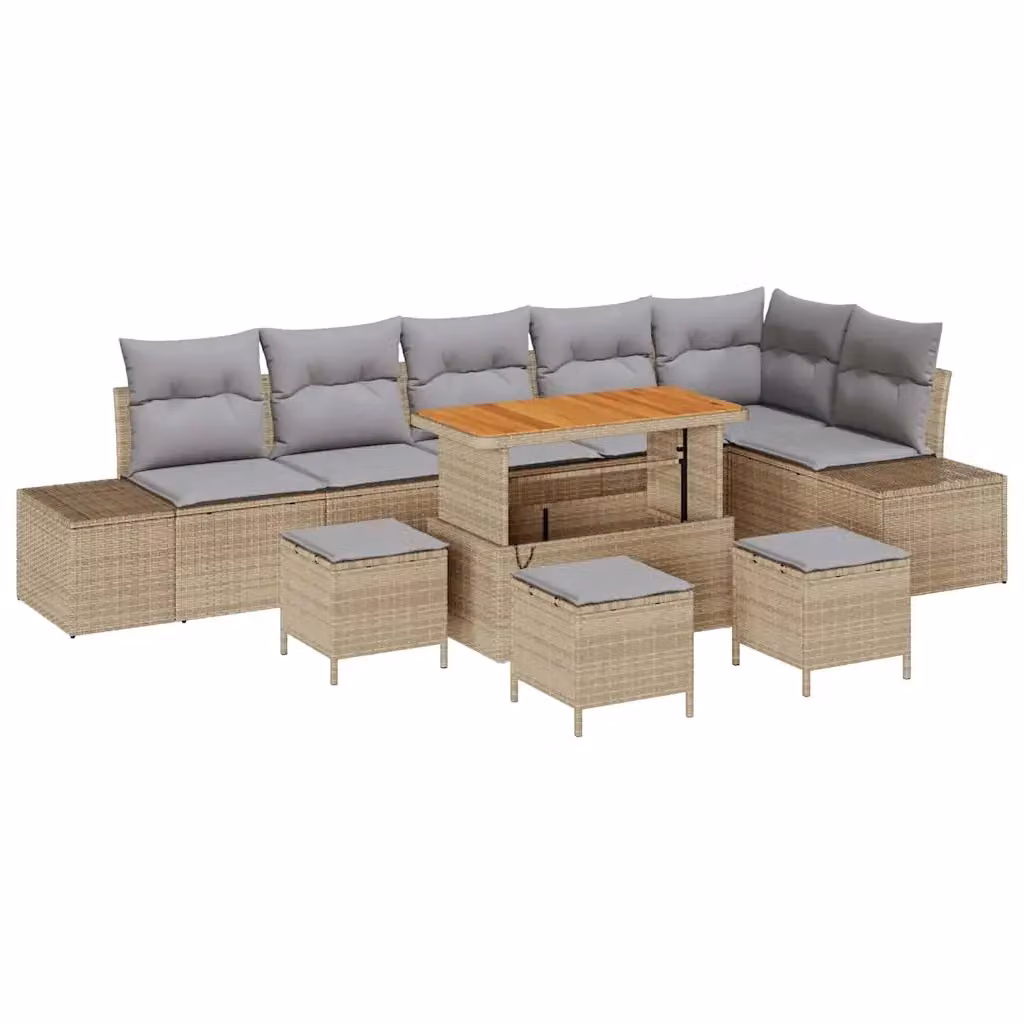 Set Divano da Giardino vidaXL 10 Pezzi a Forma di L Beige con Cuscini e Tavolino in Polyrattan e Acciaio – 2
