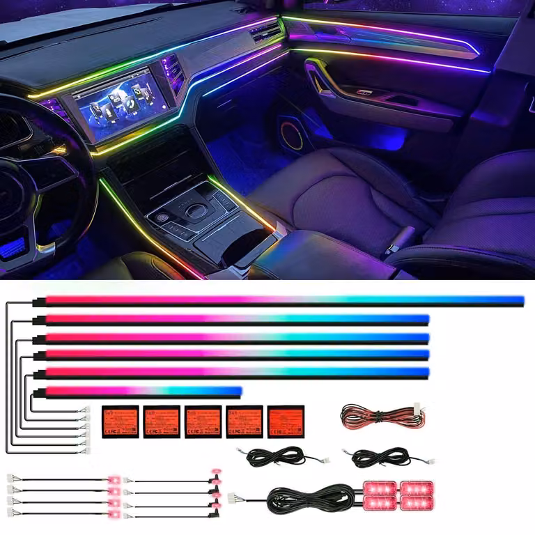 Illuminazione interna per auto, 18 funzioni in 1, LED RGB, strisce di fibra ottica in acrilico, controllo tramite app, sincronizzazione con la musica