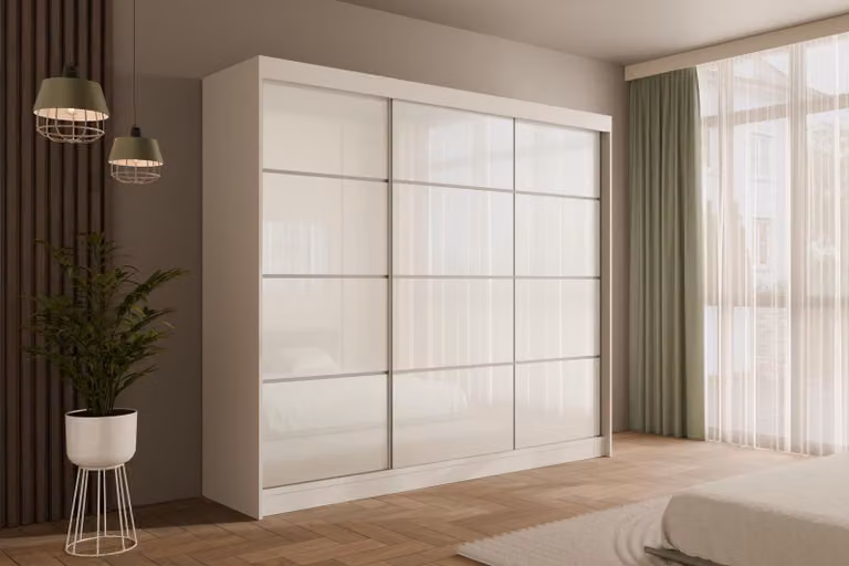 Armadio ALTDECOR con ante scorrevoli Lacobel, guide su cuscinetti a sfera e listelli in alluminio - PEKA3 - 250 cm Bianco / Bianco