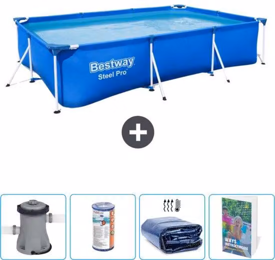 Piscina in acciaio rettangolare - 300 x 201 x 66 cm - Blu - Con pompa, filtro e protezione solare - Guida per piscine