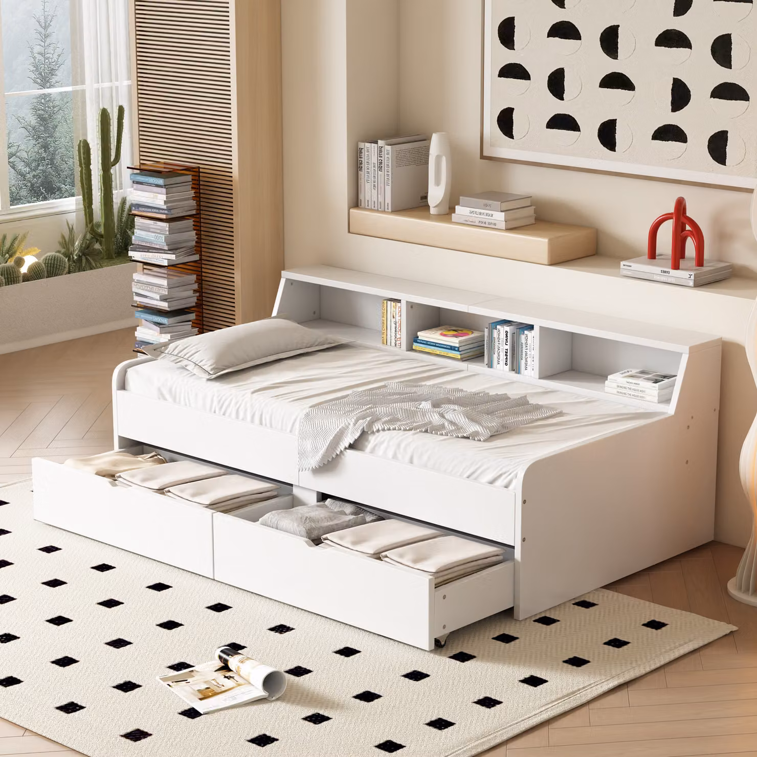 STILVORA Divano letto 90×200 cm, letto per ragazzi con due cassetti e tre ripiani, letto per bambini con vano contenitore, bianco