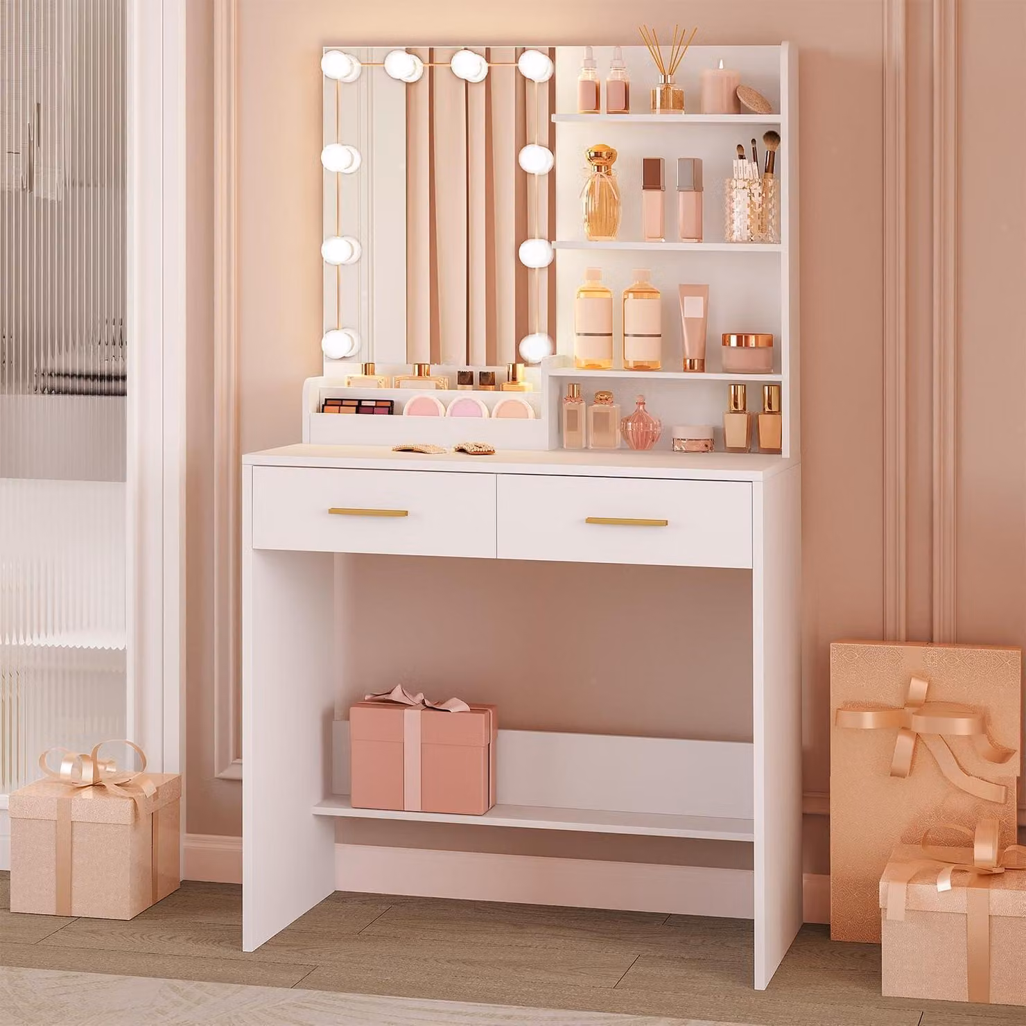 Comò da trucco con 10 luci LED, 4 ripiani aperti, 2 cassetti, colore bianco