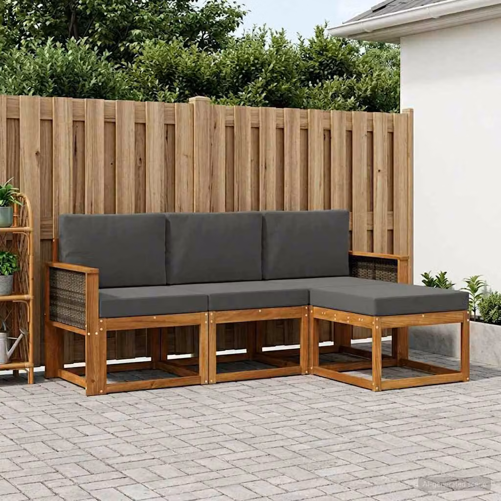 Set di divani da esterno vidaXL a forma di L in legno di acacia con pouf e cuscini, Beige e Antracite