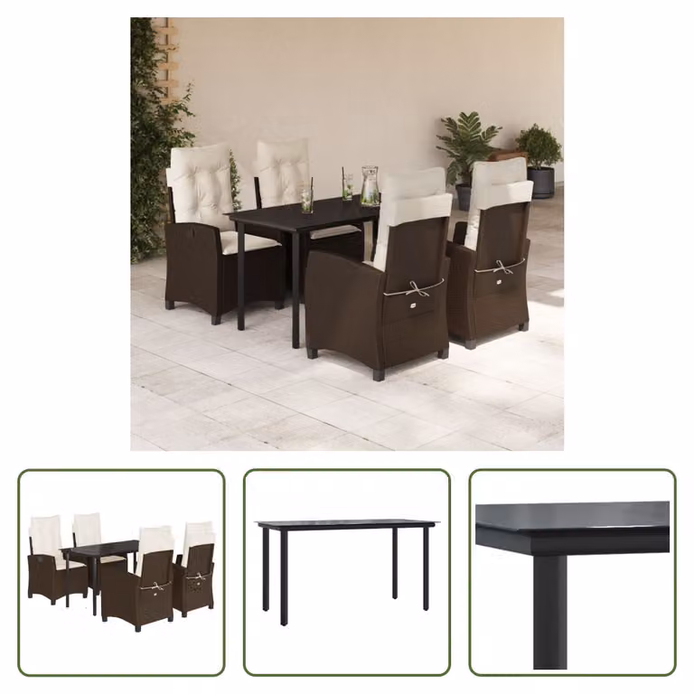 The Living Store Set da pranzo da giardino 5 pezzi con cuscini in polirattan marrone