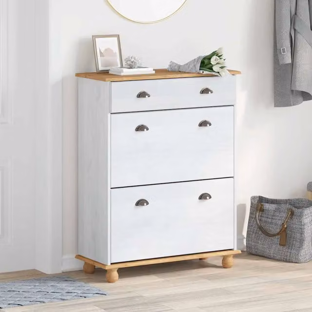 Scarpiera moderna vidaXL in pino massello bianco con cassetti e scomparti basculanti L/P/H: 85 x 35 x 108 cm