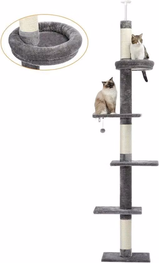 Torre per gatti a 5 livelli, regolabile in altezza, struttura per arrampicarsi, tiragraffi, cuccia, pallina, grigio