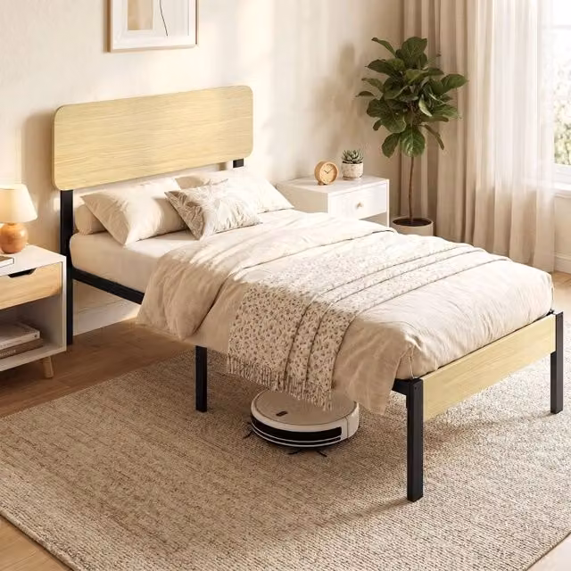 LETTO 90x200 cm con testiera in metallo e legno naturale, stile moderno