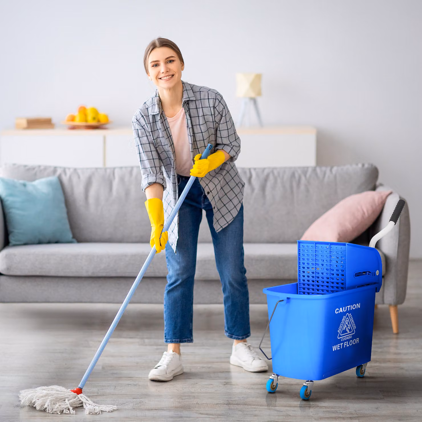 Carrello per pulizie HOMCOM in plastica con secchio da 20L e strizzatore, L: 60 cm, P: 27 cm, H: 70.5 cm, Blu – 2
