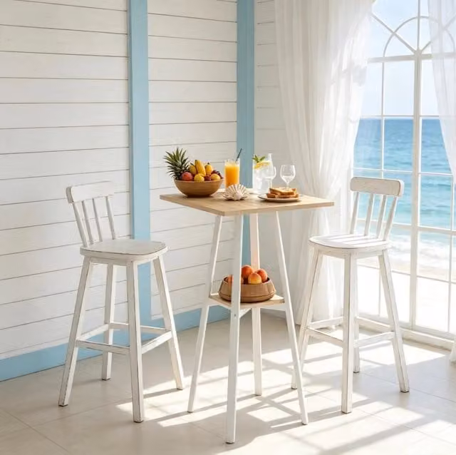 Tavolo bar quadrato 55x55x95 cm in legno naturale e metallo bianco con ripiano