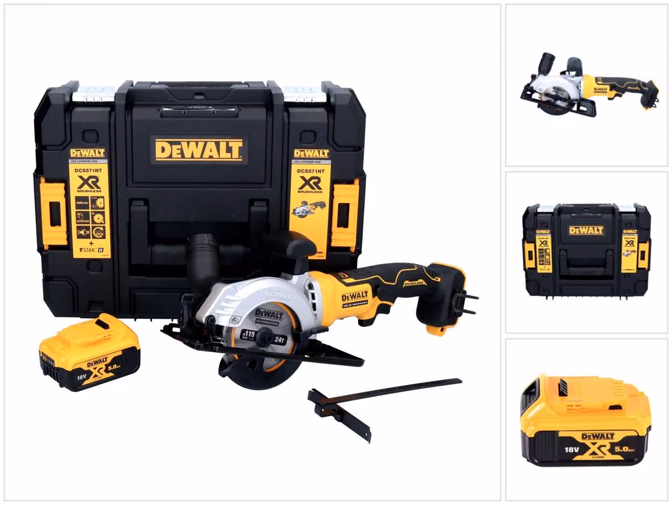 Sega circolare a batteria DeWalt DCS 571 18 V 115 mm senza spazzole + 1x batteria 5,0 Ah + TSTAK - senza caricabatterie