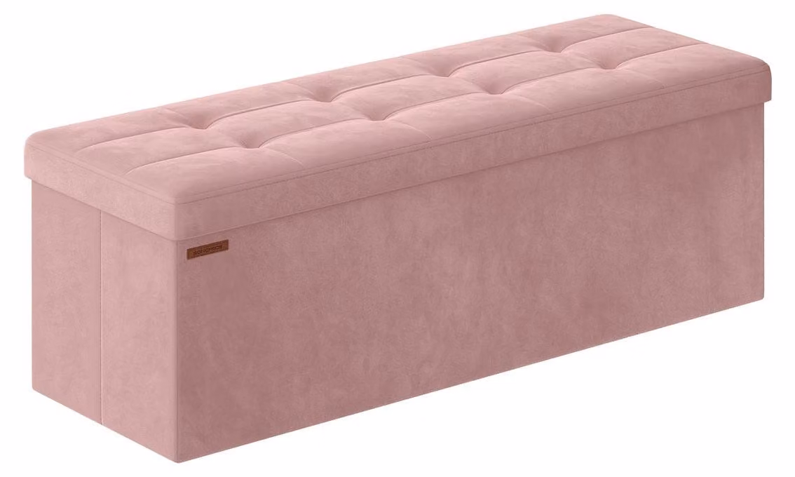 Panca contenitore color rosa pastello – rivestita in velluto – realizzata in MDF – capacità 131 litri – dimensioni 38 x 110 x 38 cm