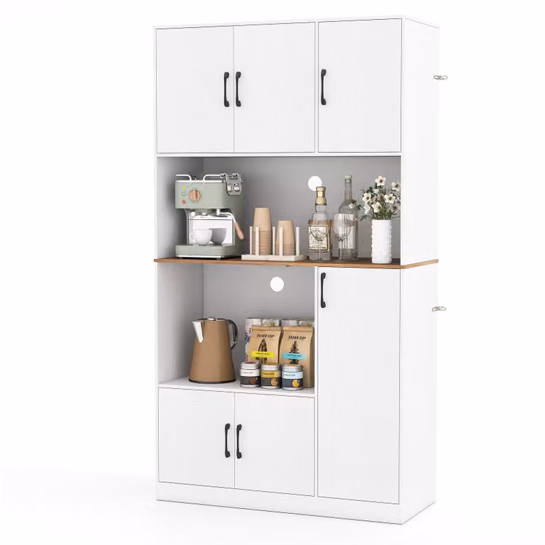 Mobile da cucina COSTWAY, mobile buffet, mobile alto con presa, ante e piano di lavoro, mobile dispensa, mobile contenitore, 100x40x180cm, bianco