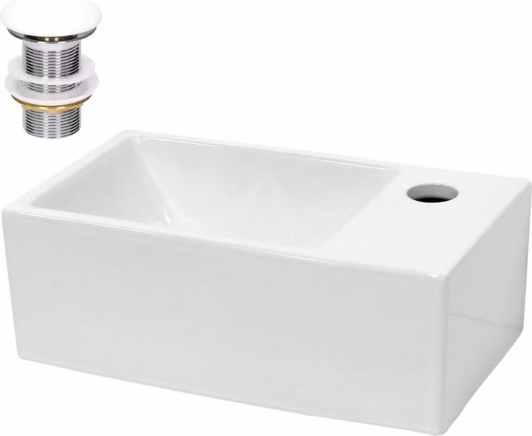 LuxeBath Lavabo da appoggio Square, 35x20,5x12,5 cm, bianco, in Vetroceramica, incl. set di scarico senza troppopieno