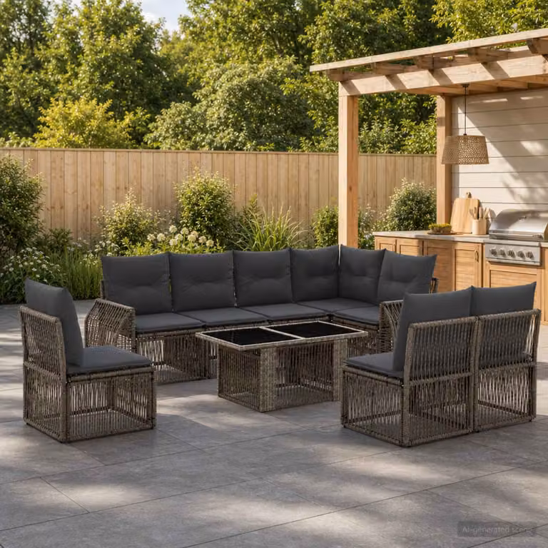 Set Divano da Giardino vidaXL 9 pz in Polyrattan Grigio e Antracite con Cuscini e Tavolino