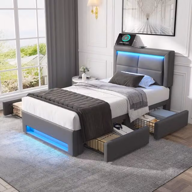 Letto singolo 90×190 cm con quattro cassetti, USB, ricarica senza fili e LED regolabile, senza materasso, grigio