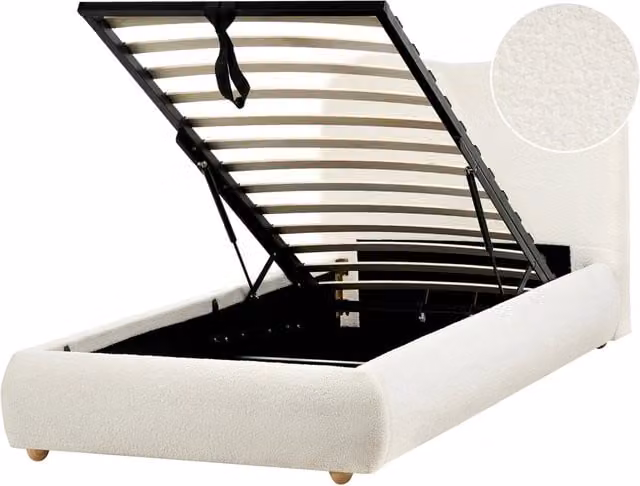 Letto con contenitore in bouclé bianco sporco 90 x 200 cm design moderno e minimalista