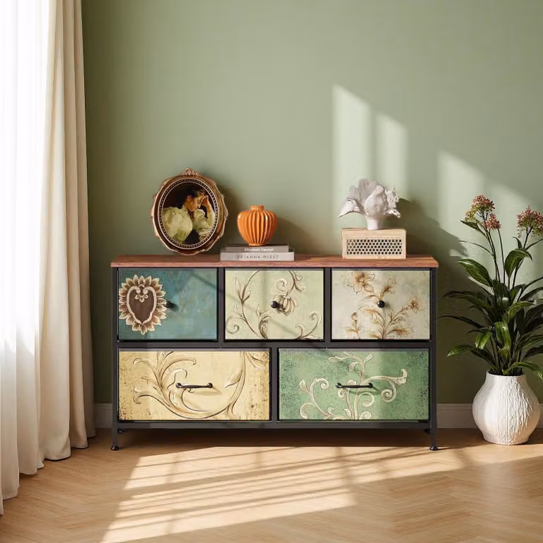 Comodino INONEFT con 5 cassetti, mobile contenitore retro' con piano in legno, cassetti in tessuto e struttura in metallo, adatto per camera da letto o soggiorno, dimensioni 30x55x100 cm