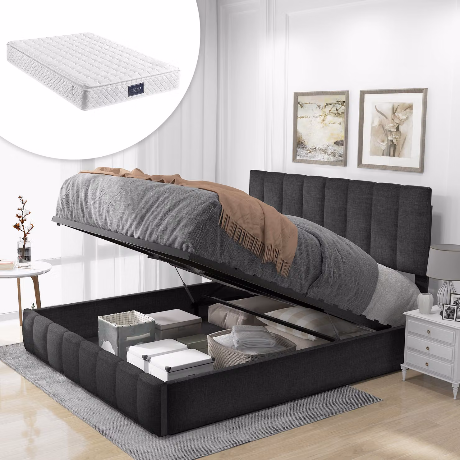 Letto a molle idrauliche Merax 140x200cm con rete, letto matrimoniale in lino con materasso a molle, letto imbottito con rete a doghe e contenitore, grigio