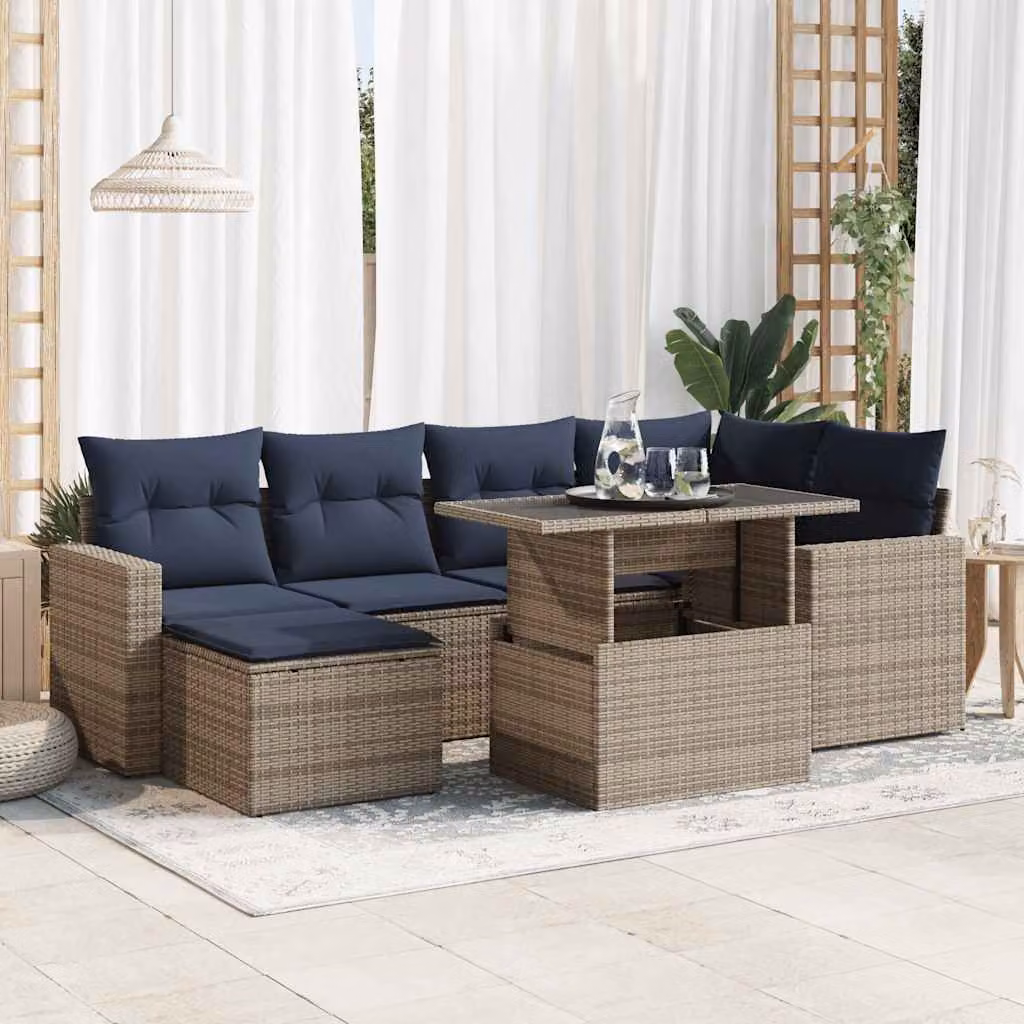 Set Divani da Giardino vidaXL 7 Pezzi in Polyrattan e Legno di Acacia con Cuscini Blu e Grigio