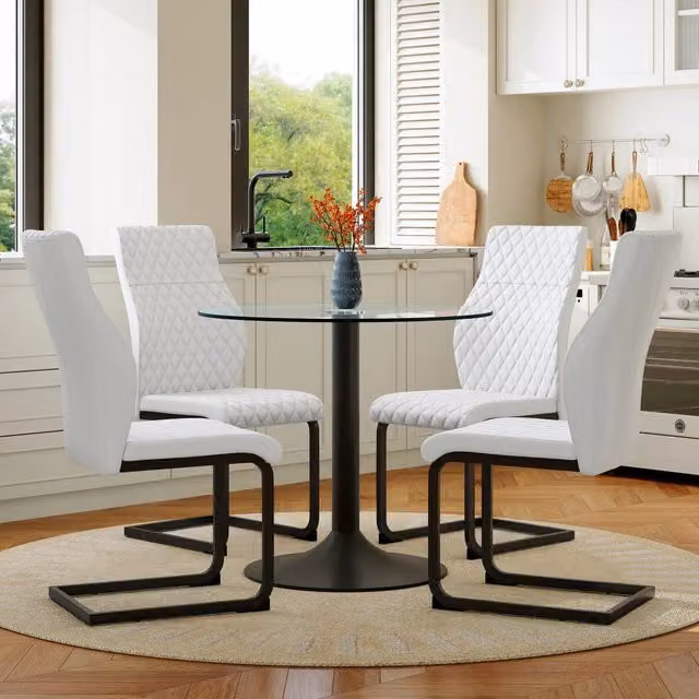 Set tavolo e sedie con tavolo rotondo e 4 sedie da sala da pranzo, in vetro e metallo trasparente, bianco e nero