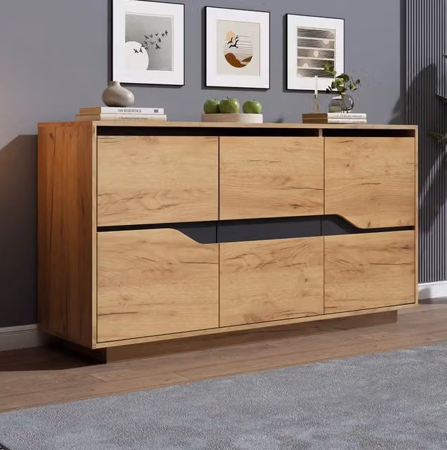 Sideboard 140x40x70 cm con 3 ante e ripiani regolabili, finitura nero e effetto legno