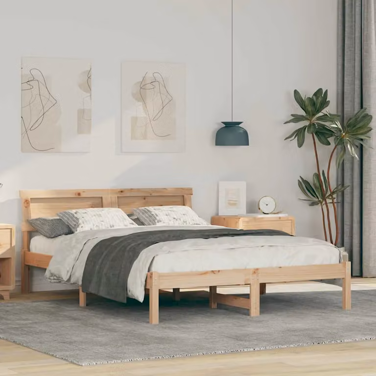 Struttura letto moderna vidaXL in legno di pino massello marrone con porta USB, L/P: 140 x 190 cm