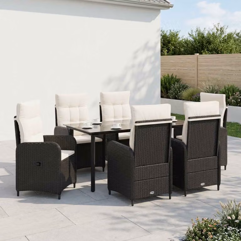 Set da pranzo per giardino e terrazzo vidaXL in 7 pezzi in polyrattan nero e bianco crema