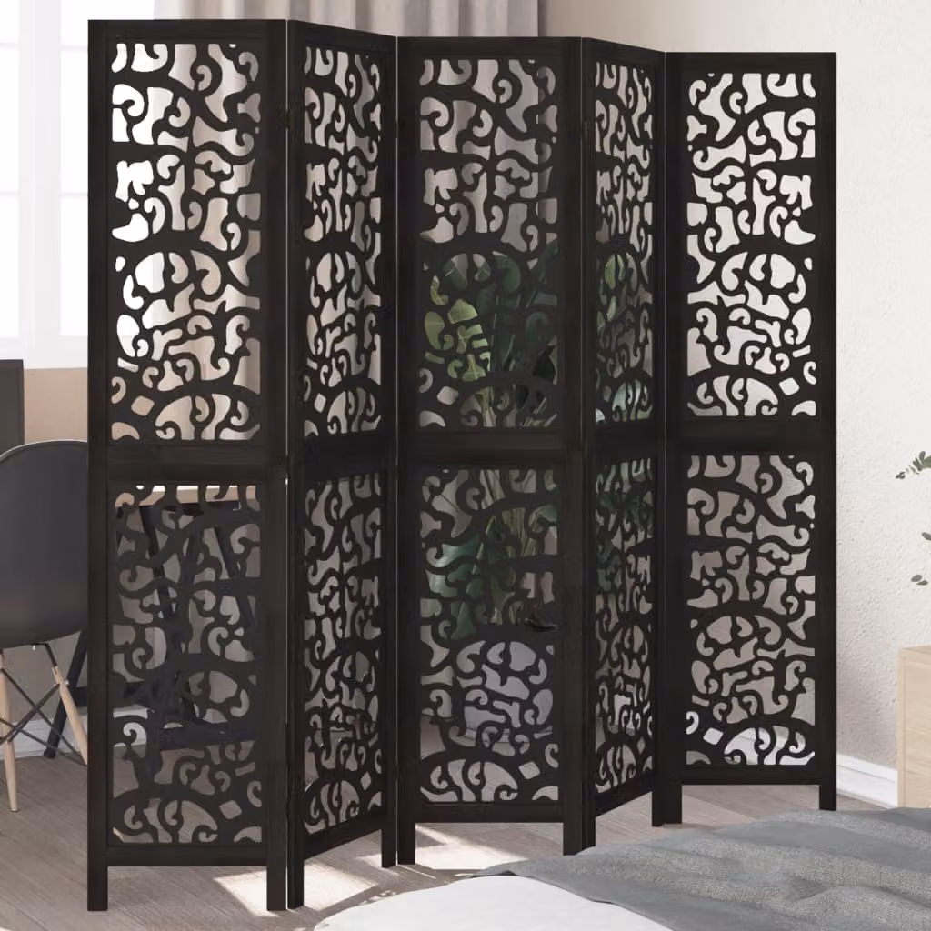 Divisorio Ambienti vidaXL con 5 Pannelli in Legno Massello di Paulownia Nero Opaco H: 180 cm x L: 180 cm