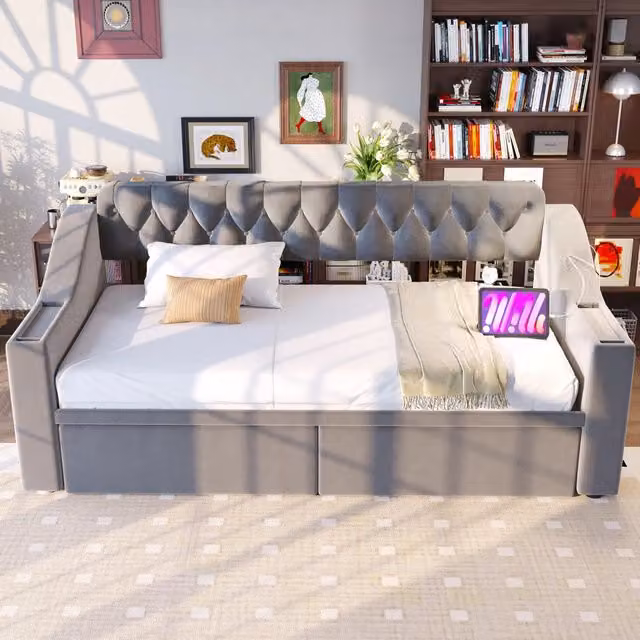 Divano letto REDOM in velluto grigio con cassetti contenitore e porta USB, L/P: 190 x 90 cm