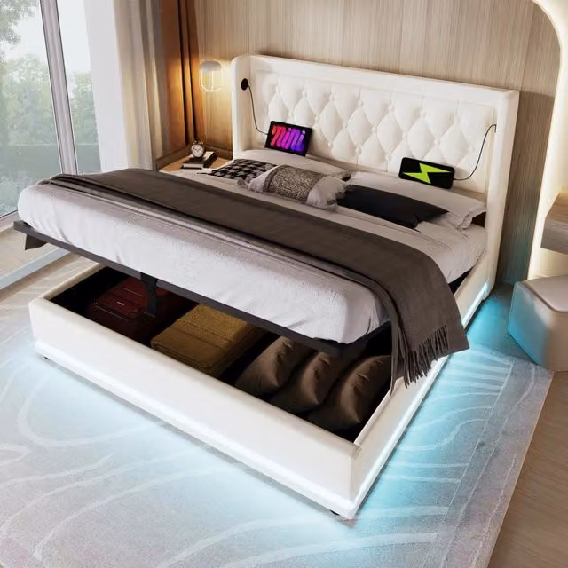 Letto Contenitore REDOM in Ecopelle Bianco con Porta USB Type-C e Illuminazione Sotto il Letto L/P/H: 180 x 200 x 101 cm