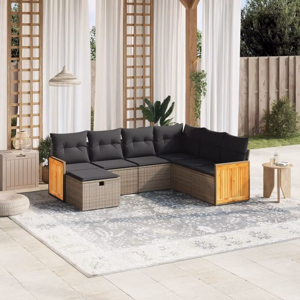 Set di divani da giardino vidaXL 7 pz a forma di L in polyrattan grigio con cuscini inclusi e struttura in acciaio – 1