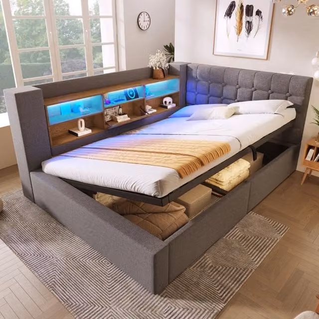 Letto matrimoniale WISHDOR in tessuto grigio con contenitore idraulico, illuminazione LED, porte USB e testiera reversibile, L 140 x P 200 cm, H 158 cm