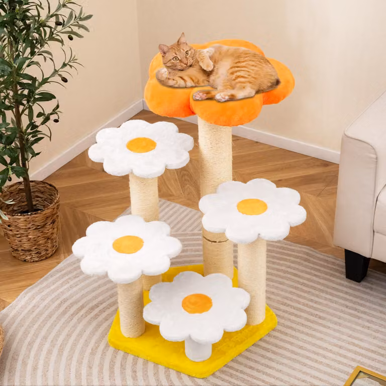 COSTWAY 90 cm tiragraffi piccolo, design floreale, albero per gatti con superficie in peluche, tiragraffi e piattaforme in sisal, tiragraffi in legno per gatti, arancione per interni
