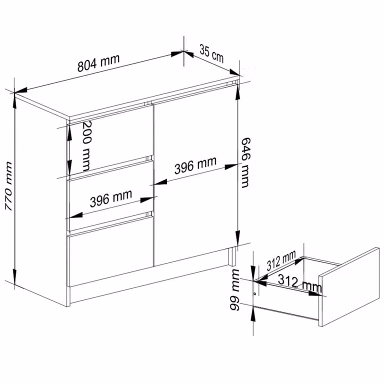 Comò da 80 cm con 3 cassetti e 1 anta, credenza, mobile da 77 cm di altezza