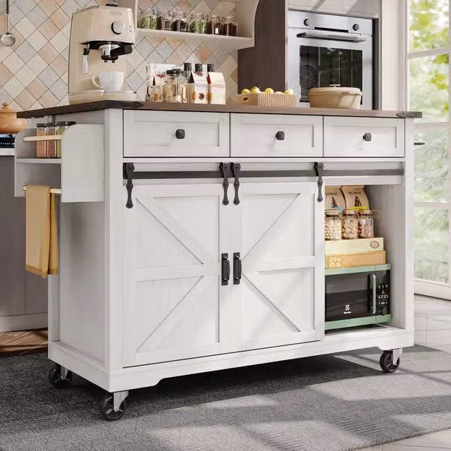 Isola Cucina con Piano Estraibile e Ruote ¨C MINIMAL ¨C Legno, 2 Porte Scorrevoli, 3 Cassetti