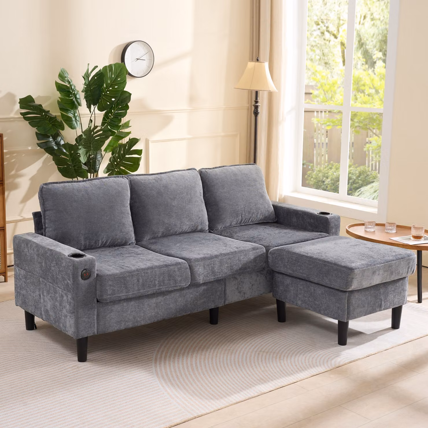 Divano letto a forma di L MODFU, divano relax con porte USB e di tipo C, divano imbottito, divano a 3 posti con due portabicchieri, ideale per soggiorno o appartamento, colore grigio