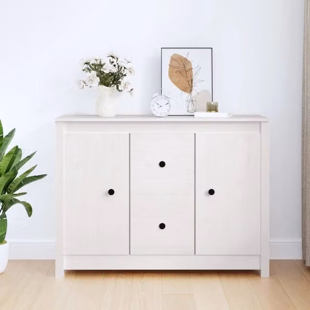 Credenza bianca vidaXL in legno massello di pino per sala da pranzo L: 100 cm, P: 35 cm, H: 74 cm