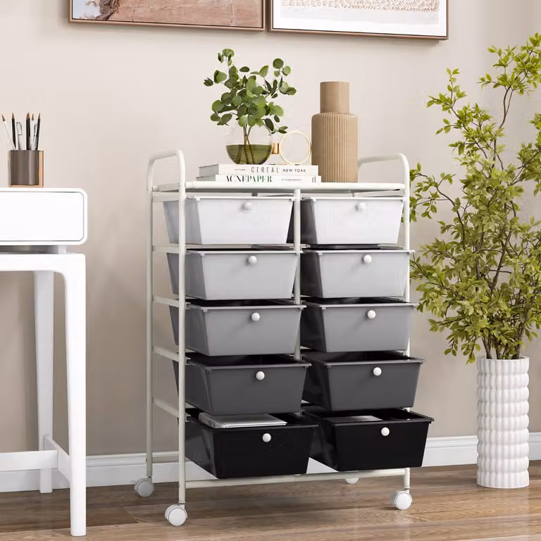Carrello organizzatore multiuso Costway con 10 cassetti e ruote, ideale per ufficio e scrapbooking, Bianco e grigio