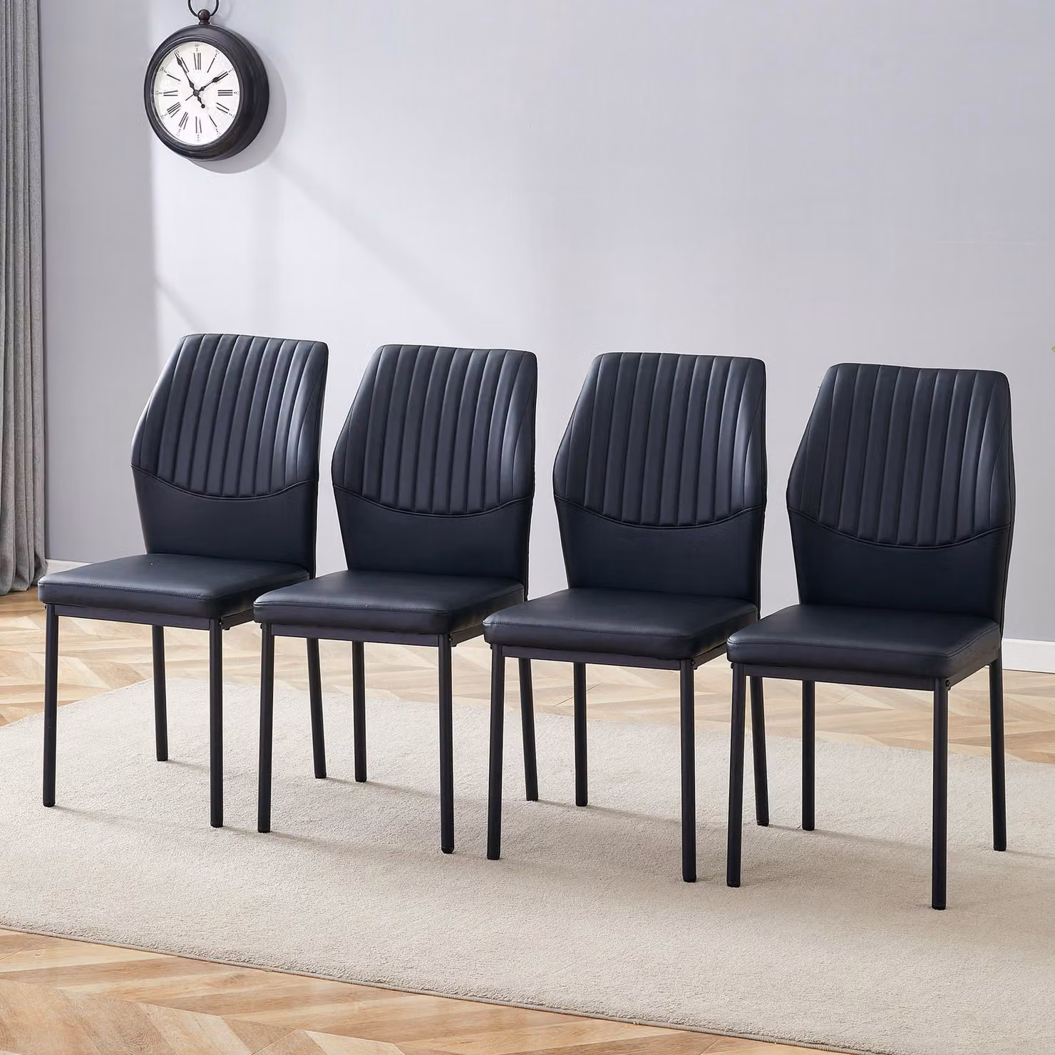 Set di 4 sedie da pranzo, schienale in poliuretano con motivo decorativo, gambe in metallo, stile lussuoso minimalista (nero)