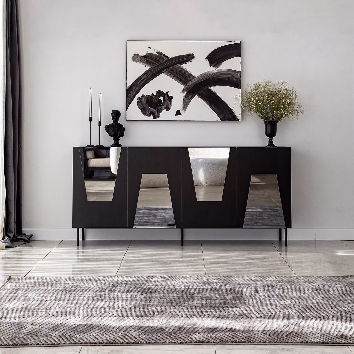 Skye Decor, Venice - Nero, Fumo, Consolle, 100% PANNELLI DI PARTICELLE RIVESTITI IN MELAMMINA, Nero, 180 x 40 x 80 cm