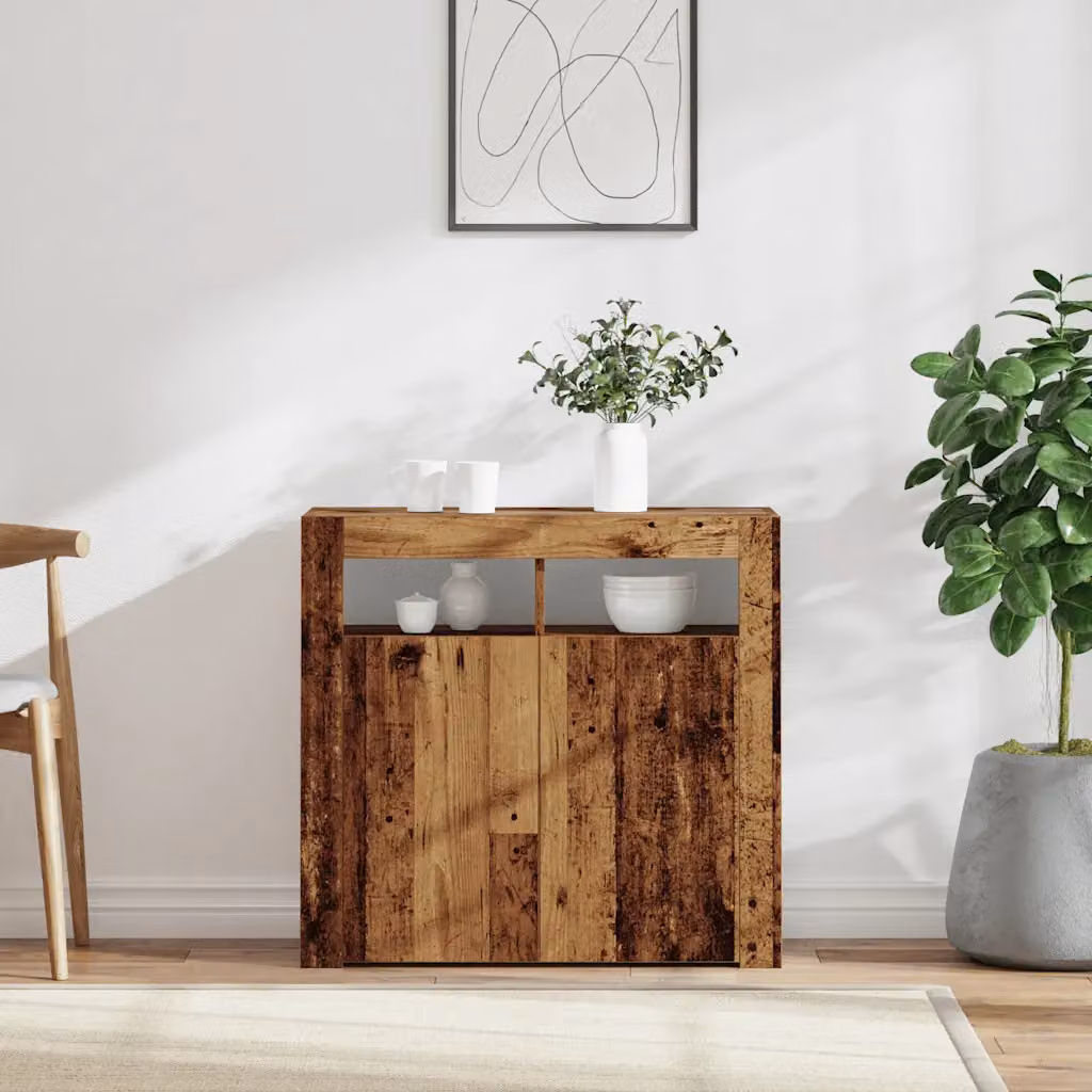 Credenza moderna vidaXL con luci LED in legno antico e vetro, colore marrone, L 80 cm x P 35 cm x H 75 cm
